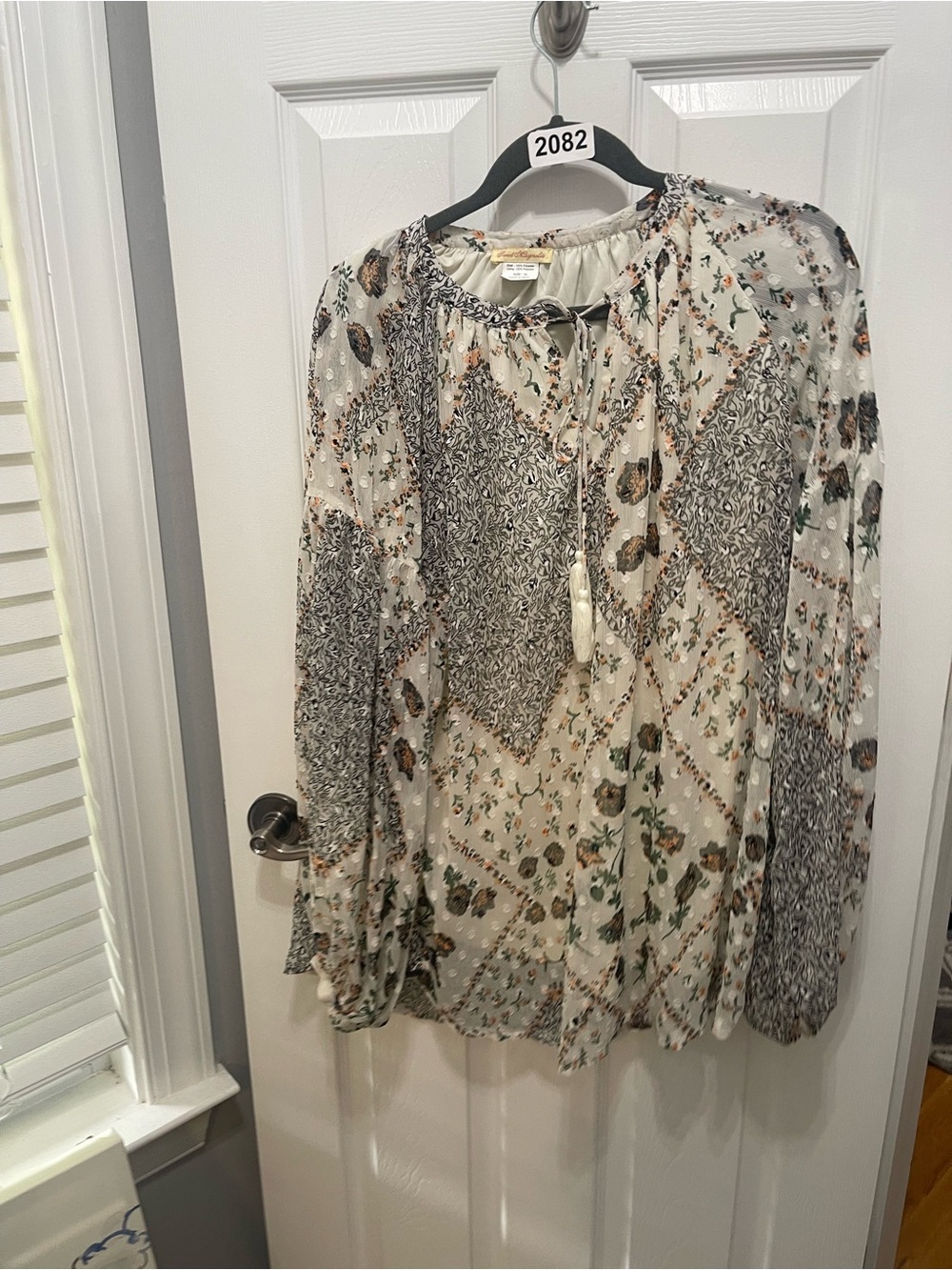 Bohemian Cream Floral Peasant Blouse with Tassel Tie
